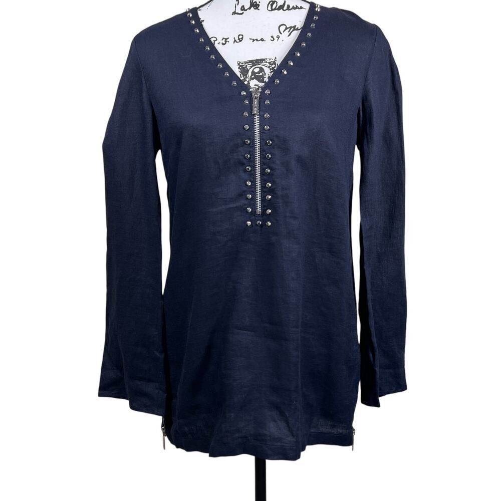 Michael Kors 100% Linen Black Shirt Studded zip Top Blouse Sz Small